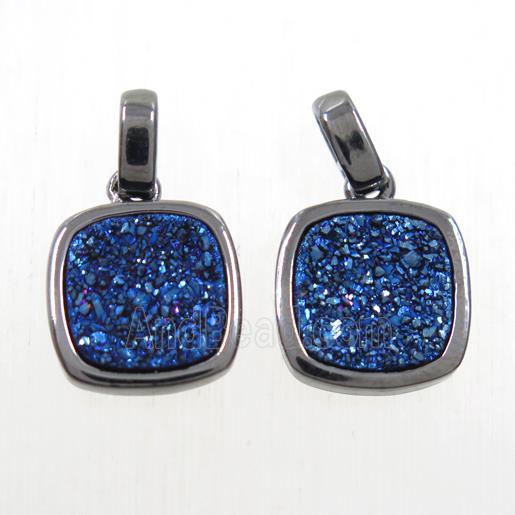 blue Druzy Agate pendant, square, black plated
