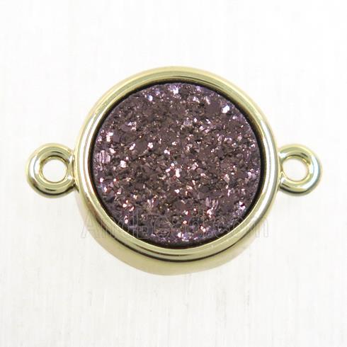 coffee Druzy Agate connector, flat-round, gold plated