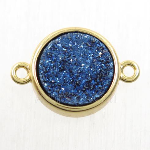 blue Druzy Agate connector, flat-round, gold plated