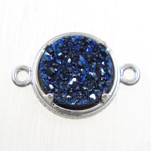 blue Druzy Agate connector, flat-round, platinum plated