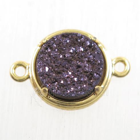 coffee Druzy Agate connector, flat-round, gold plated