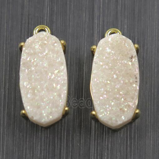 white AB-color Druzy Agate oval connector, gold plated