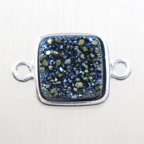green druzy quartz connector, square, platinum plated