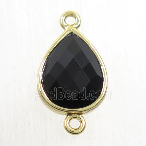 black Onyx Agate connector, faceted teardrop, gold plated