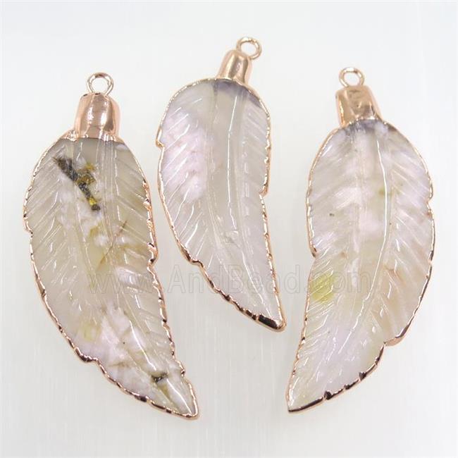 cherry agate pendant, leaf, rose gold plated
