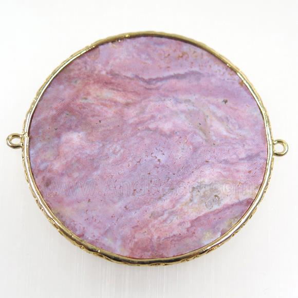 pink Rhodonite circle connector, gold plated