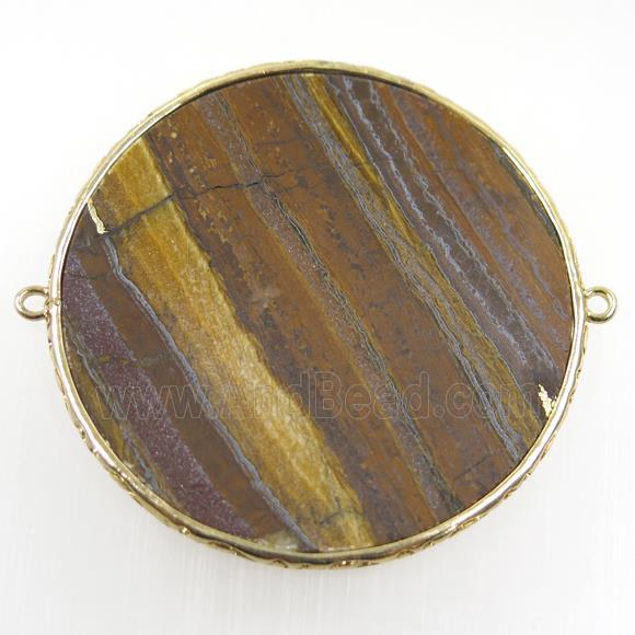 Iron Tiger eye stone connector, circle, gold plated