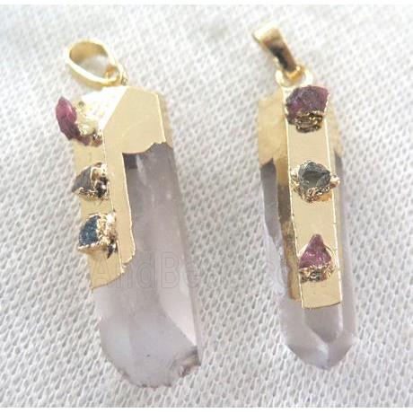 clear quartz pendant paved tourmaline, stick, gold plated
