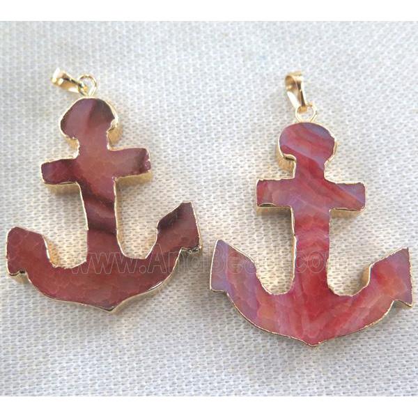 agate pendant, red, anchor, gold plated