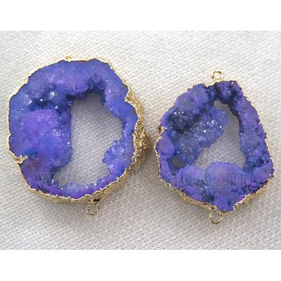 agate druzy slice connector, purple, freeform, gold plated