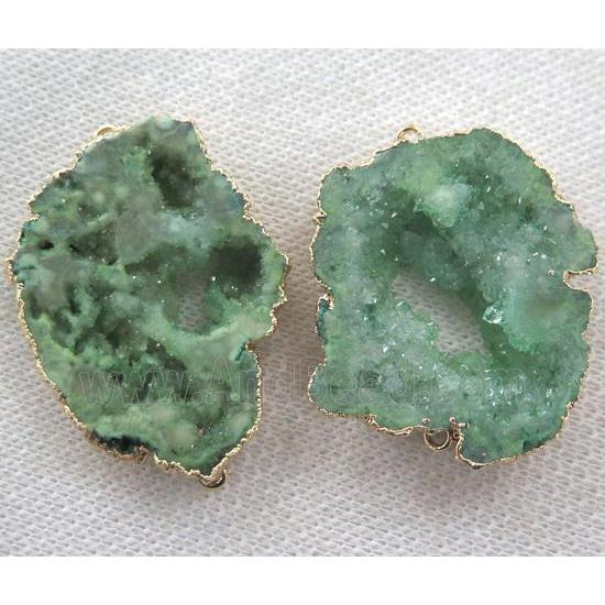 druzy agate slice connector, green, freeform, gold plated