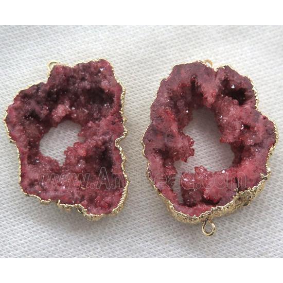 red druzy agate slice connector, freeform, gold plated
