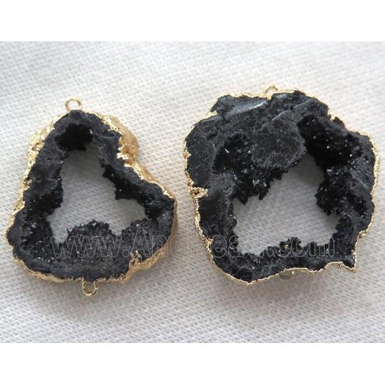 black druzy agate connector, freeform slice, gold plated