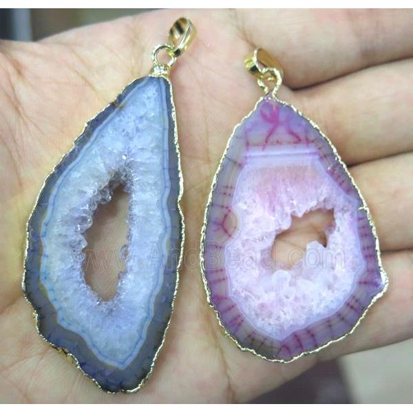 druzy agate pendant, slice, freeform, mixed color