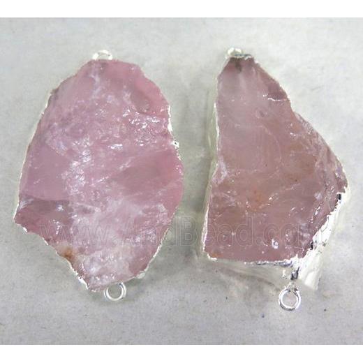 Rose Quartz Connector, freeform, silver plated