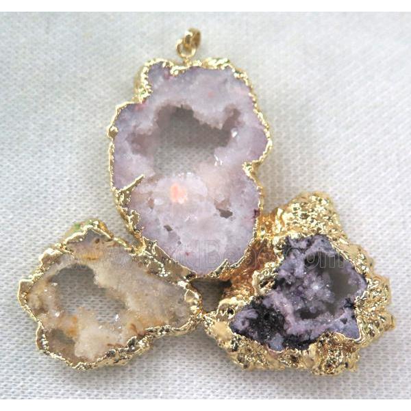 agate druzy slice pendant, freeform, mixed color