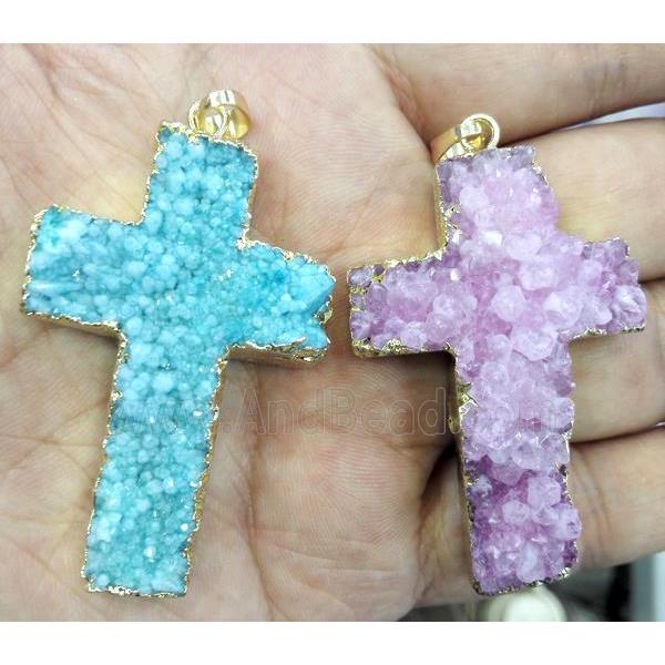 druzy quartz cross pendant, mixed color, gold plated