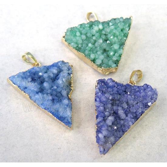 druzy quartz triangle pendant, mix color, gold plated