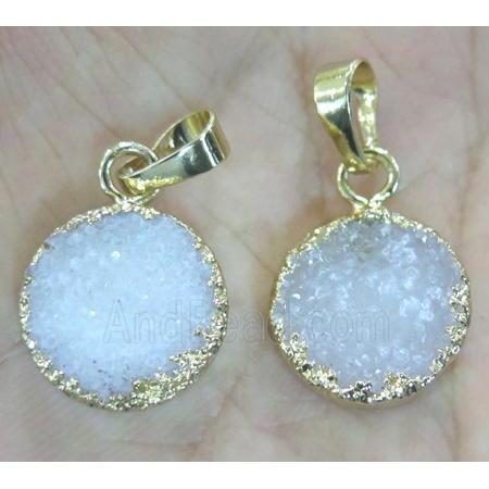 white druzy quartz pendant, flat-round, gold plated