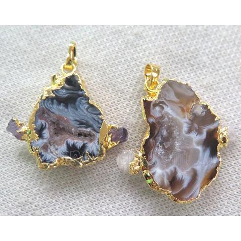 druzy agate pendant paved gems, freeform slice, gold plated