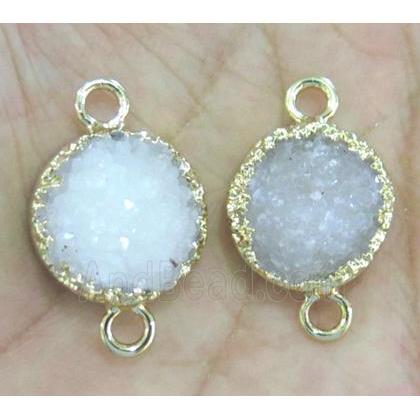 white druzy quartz connector, flat-round, gold plated