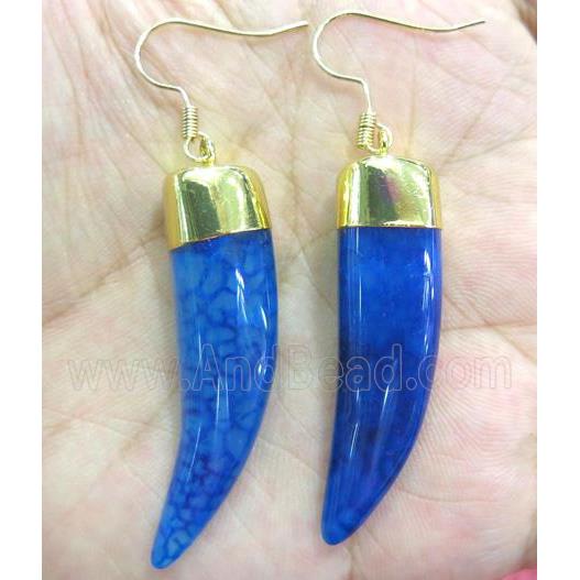 blue agate horn earring, gold plated