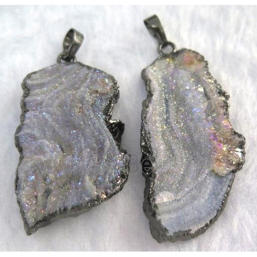 agate druzy slice pendant, freeform, AB color, black plated