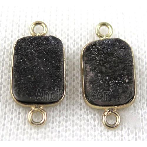 black druzy quartz connector, rectangle, gold plated