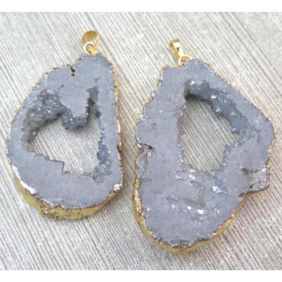 druzy agate slice pendant, freeform, gray electroplated