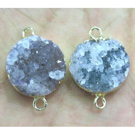 Agate Druzy Connector, flat-round, gold plated