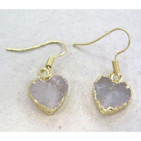druzy agate earring, heart, gold plated
