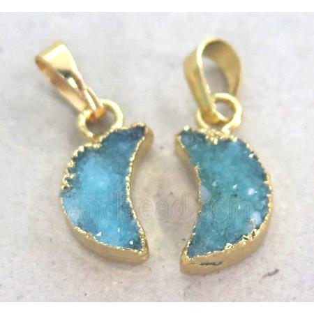 druzy quartz pendant, moon, gold plated
