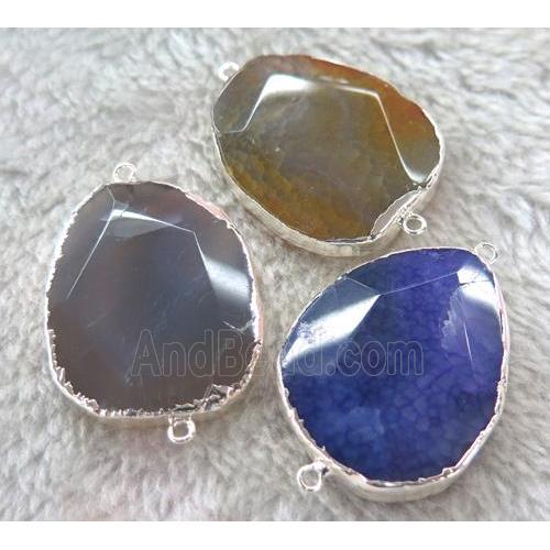 mix agate connector, faceted freeform, silver plated
