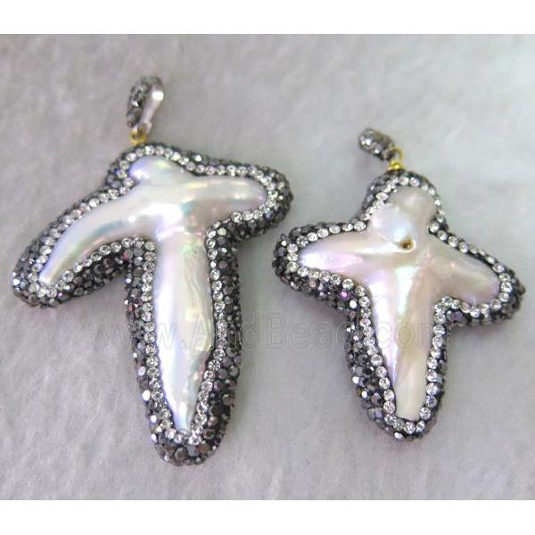 white Freshwater Pearl cross pendant paved rhinestone