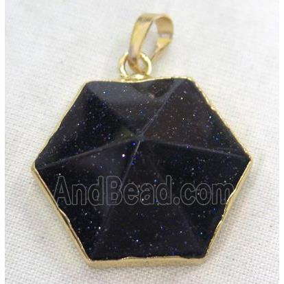 blue sandstone hexagon pendant, point, gold plated