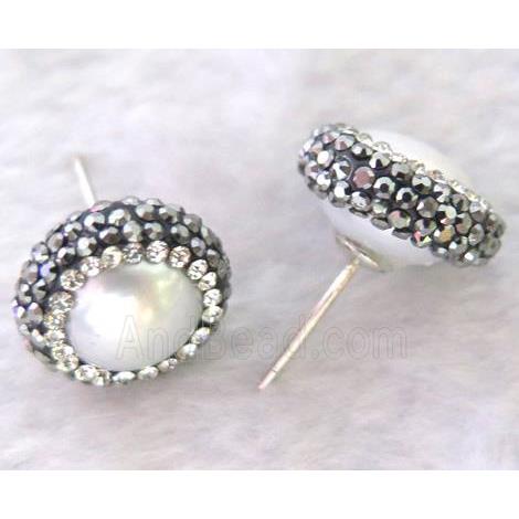 freshwater Pearl sterling silver earring studs paved rhinestone