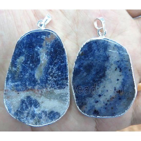 blue sodalite slice pendant, flat freeform, silver plated