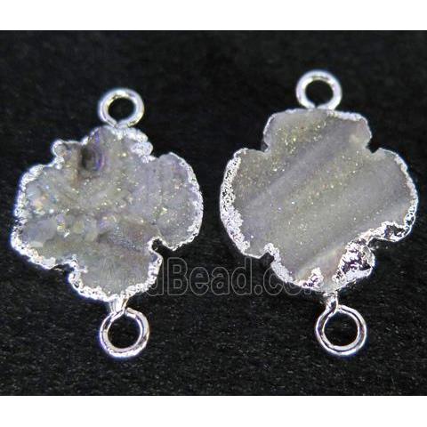 sun agate druzy connector, four-leaf clover, silver plated, AB color