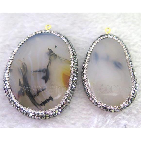 natural Heihua Agate slice pendant paved rhinestone, freeform