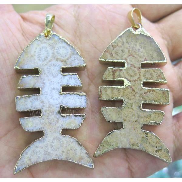 Coral Fossil pendant, fishbone, gold plated
