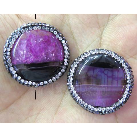druzy agate bead pave rhinestone, flat-round, hotpink