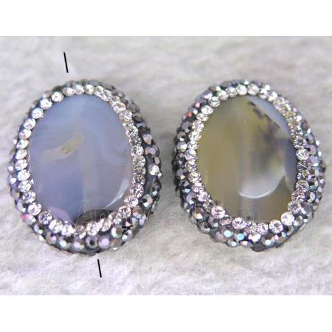 Heihua agate bead paved rhinestone, oval, gray