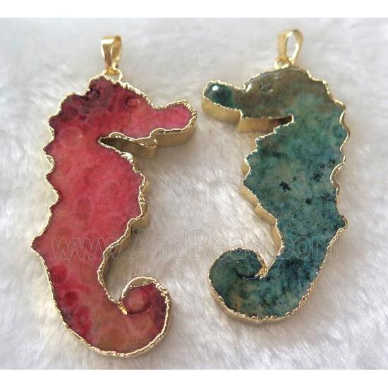 Coral Fossil pendant, sea-horse, mix color, gold plated