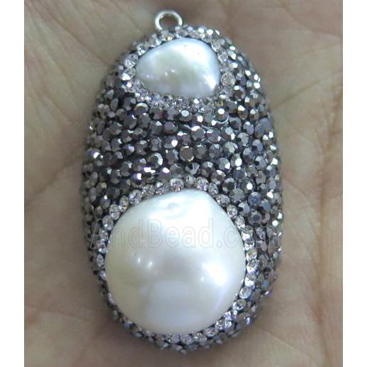 white freshwater pearl pendant paved rhinestone