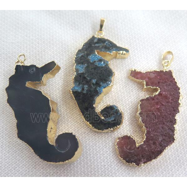 agate sea-horse pendant, mixed color, gold plated