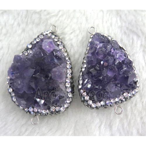 Amethyst druzy connector paved rhinestone, freeform, purple