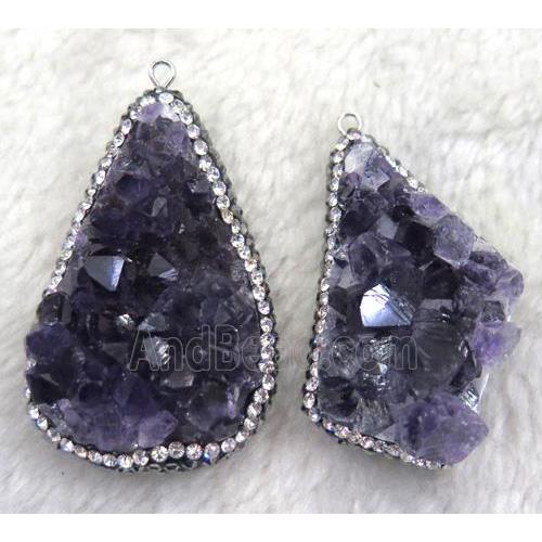 amethyst druzy pendant paved rhinestone, freeform, purple