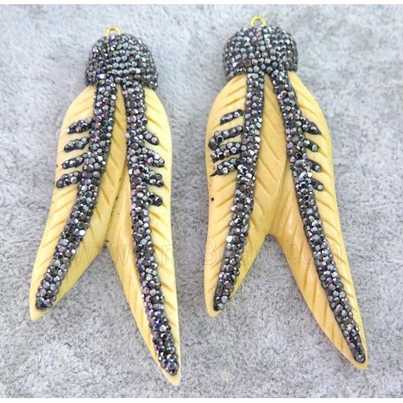 yellow cattle bone feather pendant paved rhinestone