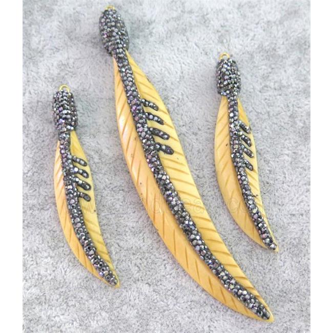 yellow cattle bone pendant paved rhinestone, feather