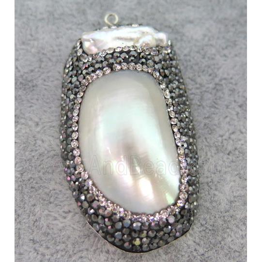white freshwater Pearl pendant paved rhinestone, freeform